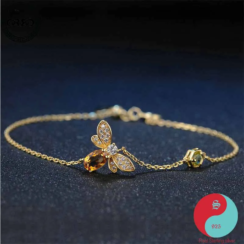Cute Real Pure 925 Sterling Silver Bracelet Women honey bee citrine bracelet Peridot micro-inlaid Luck Bracelet Fine Jewelry
Cute Real Pure 925 Sterling Silver Bracelet Women honey bee citrine bracelet Peridot micro-inlaid Luck Bracelet Fine Jewelry