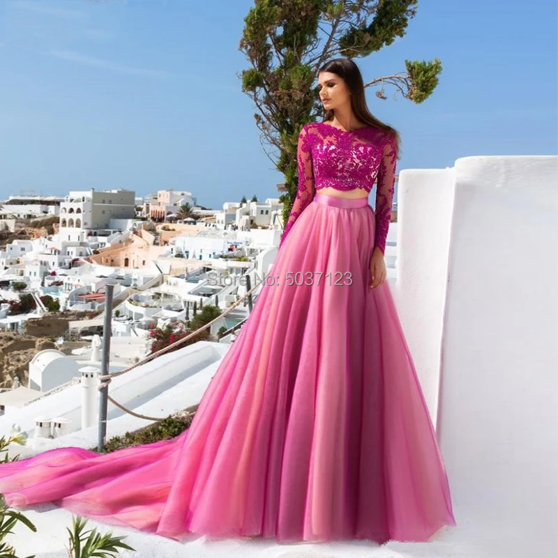 Hot Pink Two Piece Prom Dresses Lace Long Sleeves A-line Appliques Tulle Long Formal Party Evening Gown Vestidos
Hot Pink Two Piece Prom Dresses Lace Long Sleeves A-line Appliques Tulle Long Formal Party Evening Gown Vestidos