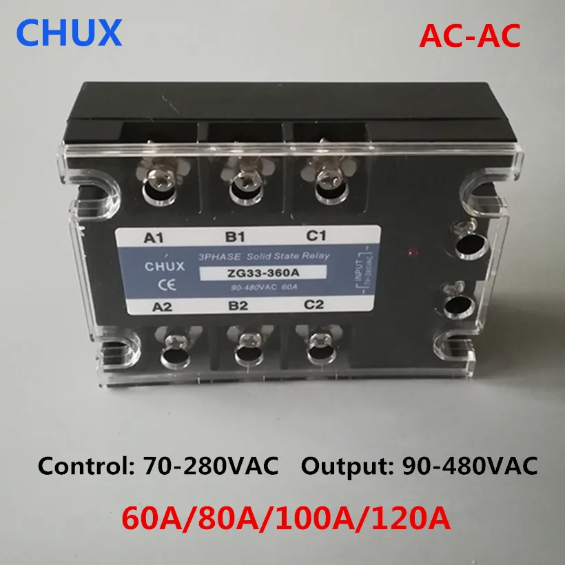CHUX Three Phases Solid State Relay 60a 80a 100a 120a 90-480VAC ZG33 70-280v AC to AC 3 SSR Relay
CHUX Three Phases Solid State Relay 60a 80a 100a 120a 90-480VAC ZG33 70-280v AC to AC 3 SSR Relay