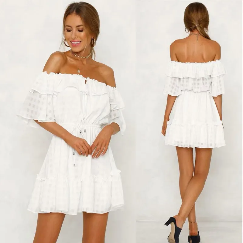 yinlinhe Off Shoulder Summer Dress Short Sleeve Lace Up Sexy Plaid Women Dress Backless Slim Waist Elegant Ruffles Vestidos 1