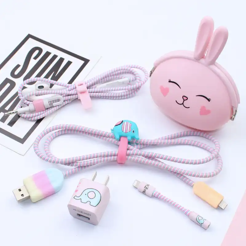 かわいい漫画のusbケーブルとイヤホンプロテクターセットケーブルワインダーステッカースパイラルコード用iphone8 Earphone Protector Cable Earphones Protectorusb Cable Earphones Protector Gooum