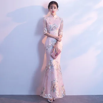 Elegant Women Pink Traditional Embroidery Flower Cheongsam Mermaid Slim Long Qipao Ladies Formal Evening Party Dress Vestidos
Elegant Women Pink Traditional Embroidery Flower Cheongsam Mermaid Slim Long Qipao Ladies Formal Evening Party Dress Vestidos