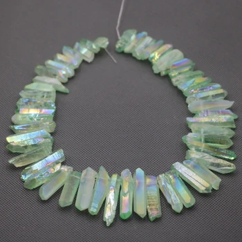 

Approx 54pcs/strand Natural Raw Green AB Quartz Crystal Point Pendant Rough Top Drilled Spike Gem Beads Crystal Women Necklace