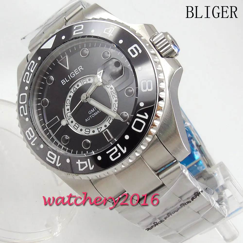 43mm Bliger Black dial GMT ceramic Bezel SS band Date Luminous Hand Sapphire Glass Automatic movement Mechanical Mens Wristwatch
43mm Bliger Black dial GMT ceramic Bezel SS band Date Luminous Hand Sapphire Glass Automatic movement Mechanical Mens Wristwatch