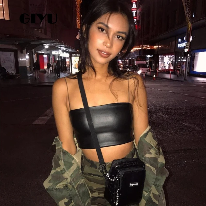 GIYU Summer Black PU Slim Camis Skinny Crooped Women Sexy Short Strap Tops Female Faux Leather crop top debardeur femme 2019
GIYU Summer Black PU Slim Camis Skinny Crooped Women Sexy Short Strap Tops Female Faux Leather crop top debardeur femme 2019