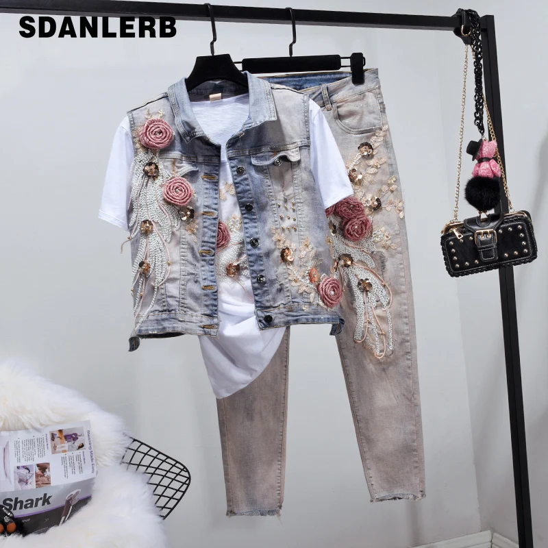 2019 Spring Summer New Jeans Set Women's Two Piece Sets Sequined Embroidered Denim Waistcoat + Slim Jeans Plus Size Shorts Suit
2019 Spring Summer New Jeans Set Women's Two Piece Sets Sequined Embroidered Denim Waistcoat + Slim Jeans Plus Size Shorts Suit