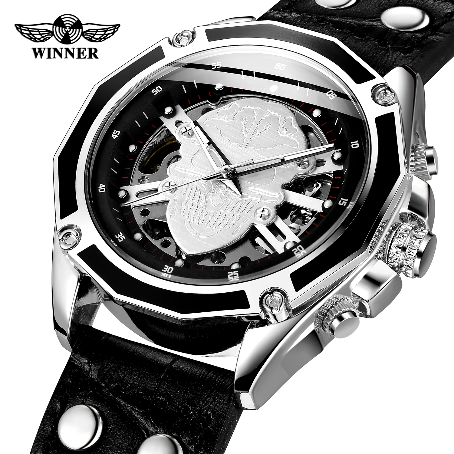 WINNER Brand Black Silver Skull Men Self-wind Mechanical Watch 3D Skeleton Dial Genuine Leather Strap Luminous HandClock
WINNER Brand Black Silver Skull Men Self-wind Mechanical Watch 3D Skeleton Dial Genuine Leather Strap Luminous HandClock