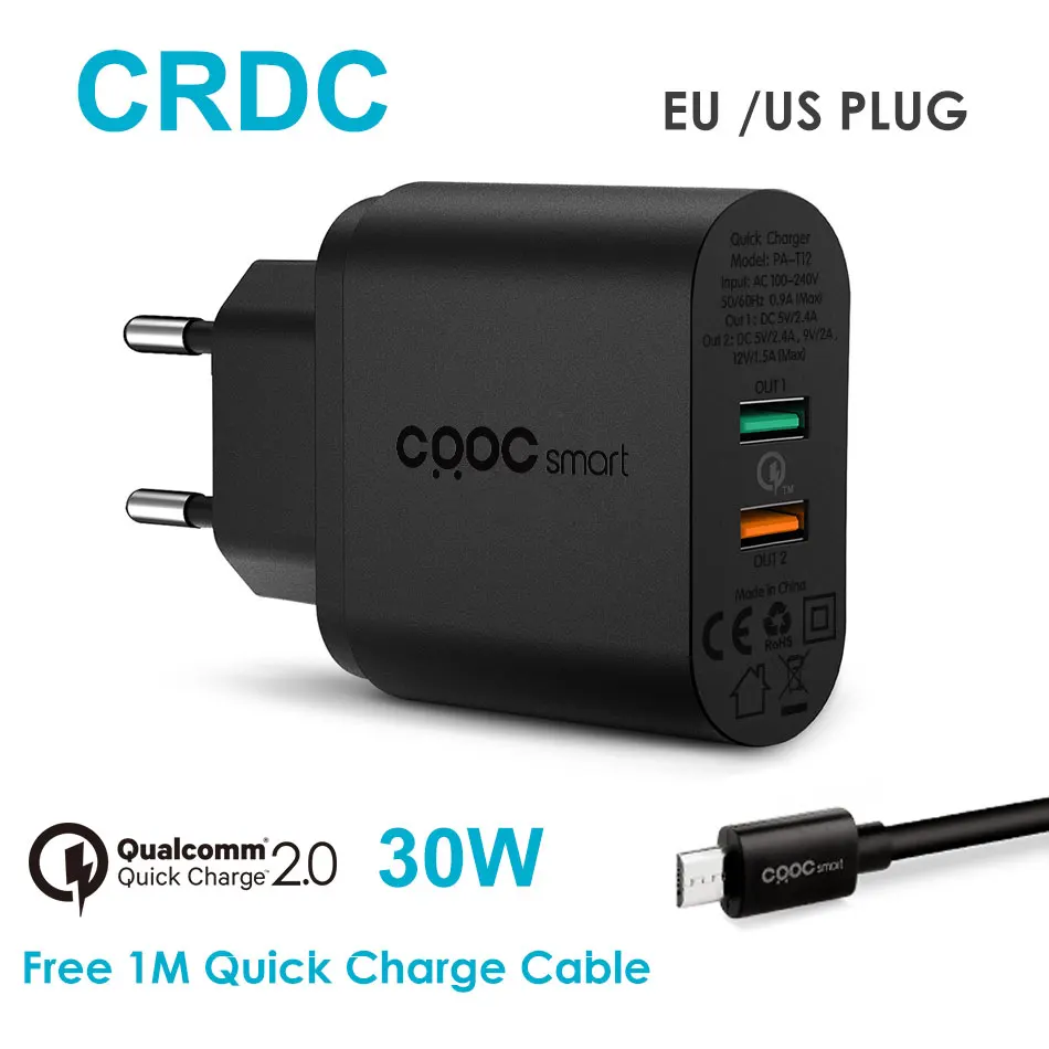 CRDC Quick Charge 2.0 30W Fast USB Phone Charger Adapter for Xiaomi Samsung galaxy s8 iPhone Portable Mobile Phone Wall Charger
CRDC Quick Charge 2.0 30W Fast USB Phone Charger Adapter for Xiaomi Samsung galaxy s8 iPhone Portable Mobile Phone Wall Charger