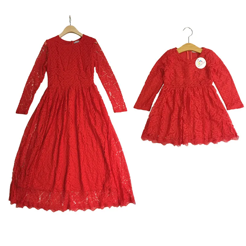 HE-Hello-Enjoy-Mother-Daughter-Dresses-Fall-2018-Family-Matching-Outfits-Long-sleeves-Red-Lace-Dress
