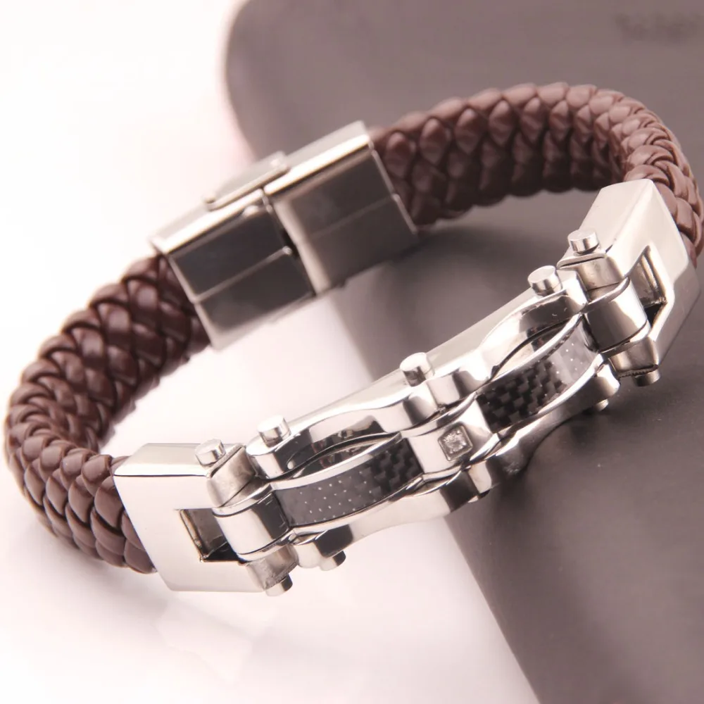 

High Quality Men's Jewelry Brown Genuine Leather Braided Wrap Wristband Stainless Steel Silver Color Bracelet Bangle 8.66"*12mm