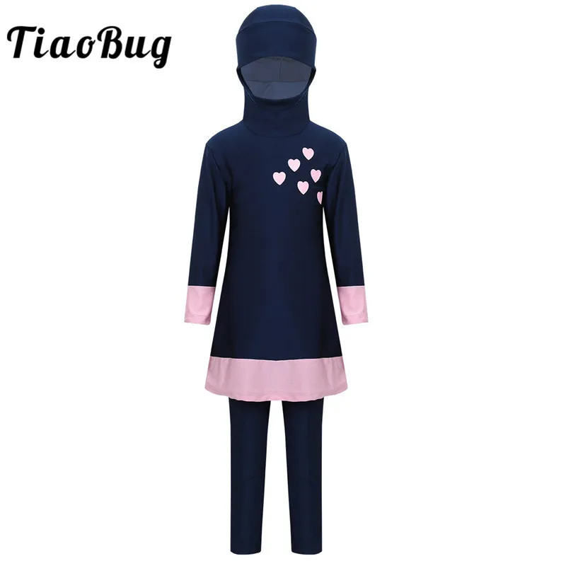 

TiaoBug Kids Teens Long Sleeves Sweetheart Printed Full Cover Conservative Hijab Burkini Swimwear Girls Swimsuit with Pants Set