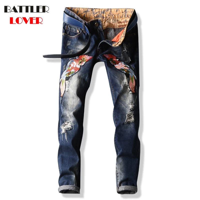 Fish Embroidery Jeans Men Fear of God Biker Jeans Cotton Trousers Mens Hip Hop Ripped Jeans Pant Male Casual Luxury Brand Pants