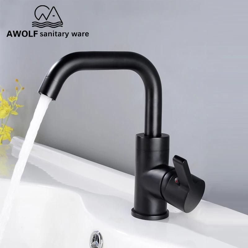 Matte Black Basin Faucet Solid Brass Deck Mounted Bathroom Vessel Sink Hot Cold Mixer Tap 360 Degree Swivel ML8055 | Обустройство