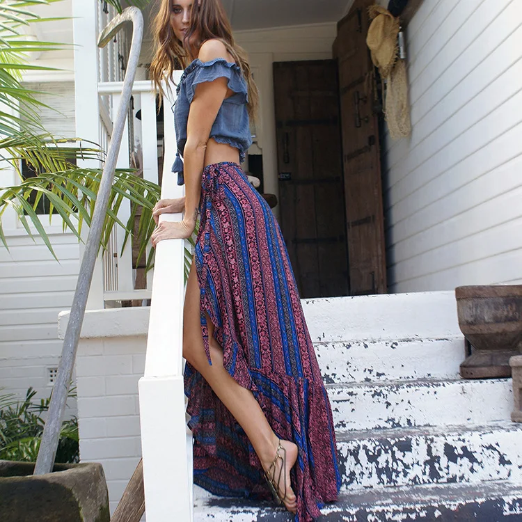 Фото Летняя Пляжная богемная Женская длинная Макси-юбка с принтом дассле Гавайские