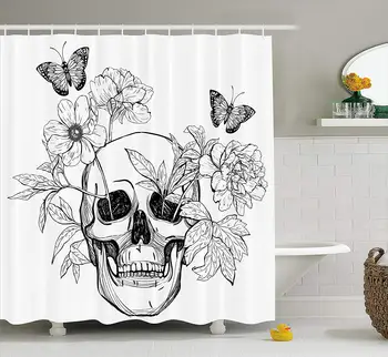 Day of The Dead Shower Curtain Skull Flower Blooms and Butterflies Vintage Gothic Print Fabric Bathroom Set Black and White 
Day of The Dead Shower Curtain Skull Flower Blooms and Butterflies Vintage Gothic Print Fabric Bathroom Set Black and White
