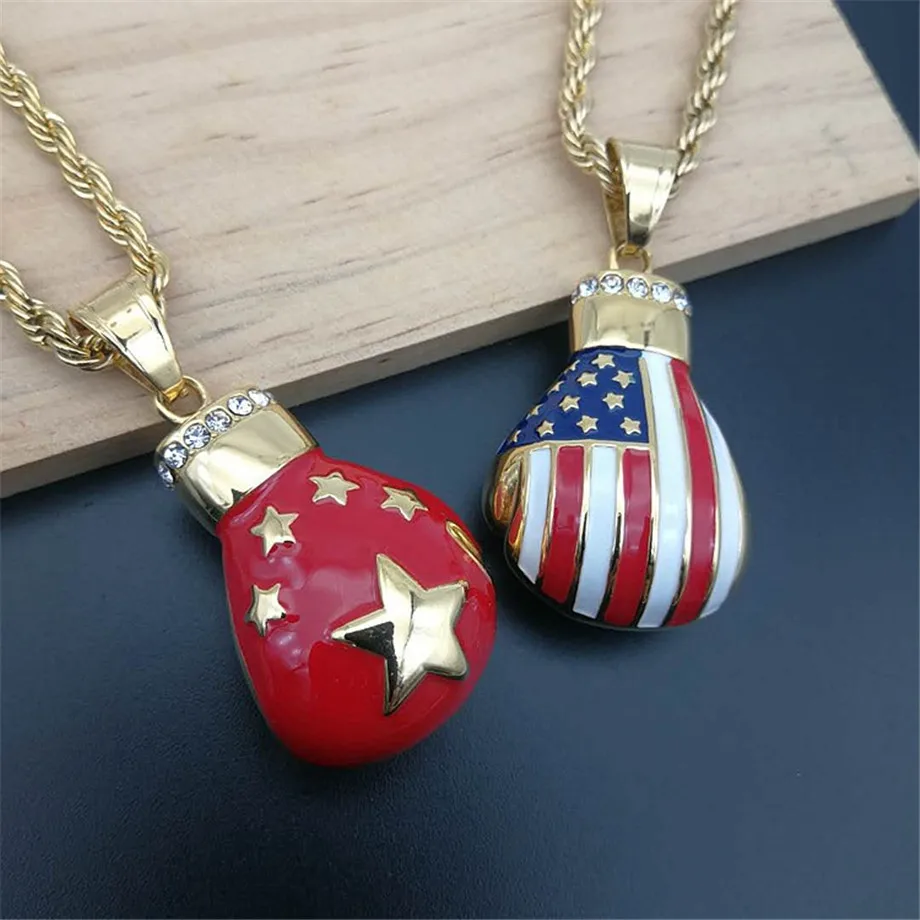 Hip Hop Boxing Gloves Pendant Necklace Gold Color Stainless Steel Chinese/American Flag Necklaces Iced Out Bling Rapper Jewelry 
Hip Hop Boxing Gloves Pendant Necklace Gold Color Stainless Steel Chinese/American Flag Necklaces Iced Out Bling Rapper Jewelry