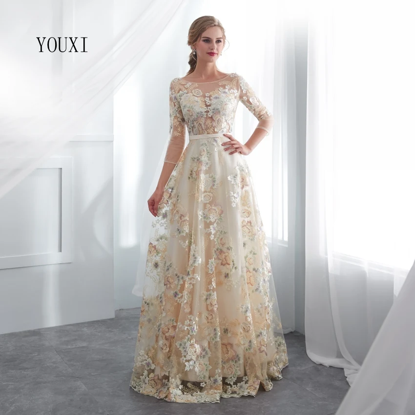 Floral Prom Dresses YOUXI Lace 3/4 Sleeves A-line Champagne Belt Empire Waist Long Evening Gowns Vestido De Formatura
Floral Prom Dresses YOUXI Lace 3/4 Sleeves A-line Champagne Belt Empire Waist Long Evening Gowns Vestido De Formatura