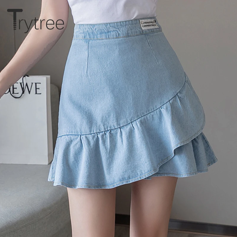 Trytree Summer Casual Skirt Women Ruffles Mermaid Hem Polyester Denim Mini Shorts Skirts Zipper Solid Light Blue Skirt Female
Trytree Summer Casual Skirt Women Ruffles Mermaid Hem Polyester Denim Mini Shorts Skirts Zipper Solid Light Blue Skirt Female