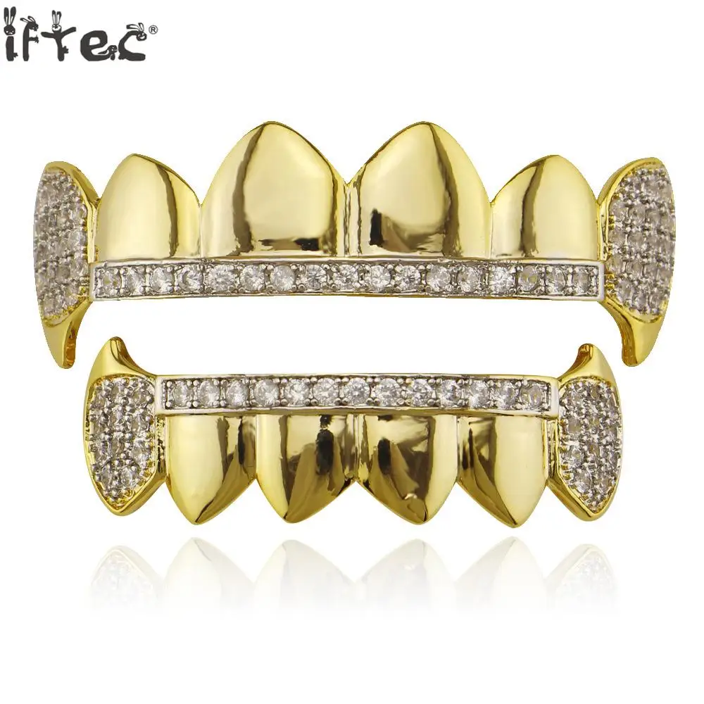 Iftec Gold Hip Hop Teeth Grillz Micro Pave Cubic Zircon Top Bottom