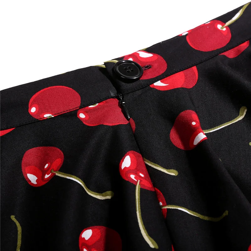 Kostlich 2017 Black Skirts Womens Cotton High Waist Cherry Print Elegant Midi Skirt Big Swing Hepburn 1950s Vintage Women Skirt (5)