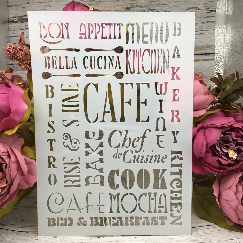 A4 29cm CAFE Words DIY Layering Stencils Wall Painting Scrapbook Coloring Embossing Album Decorative Paper Card Template
A4 29cm CAFE Words DIY Layering Stencils Wall Painting Scrapbook Coloring Embossing Album Decorative Paper Card Template