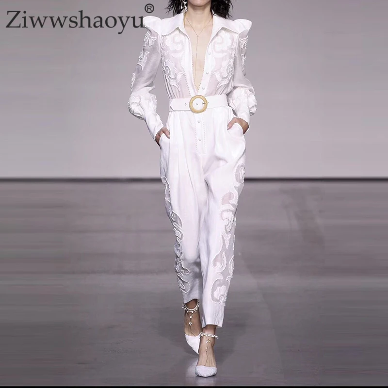 Ziwwshaoyu Fashion Embroidery Jumpsuits Turn-down Collar Geometric Sashes Slim Jumpsuits Spring and summer new women's
Ziwwshaoyu Fashion Embroidery Jumpsuits Turn-down Collar Geometric Sashes Slim Jumpsuits Spring and summer new women's