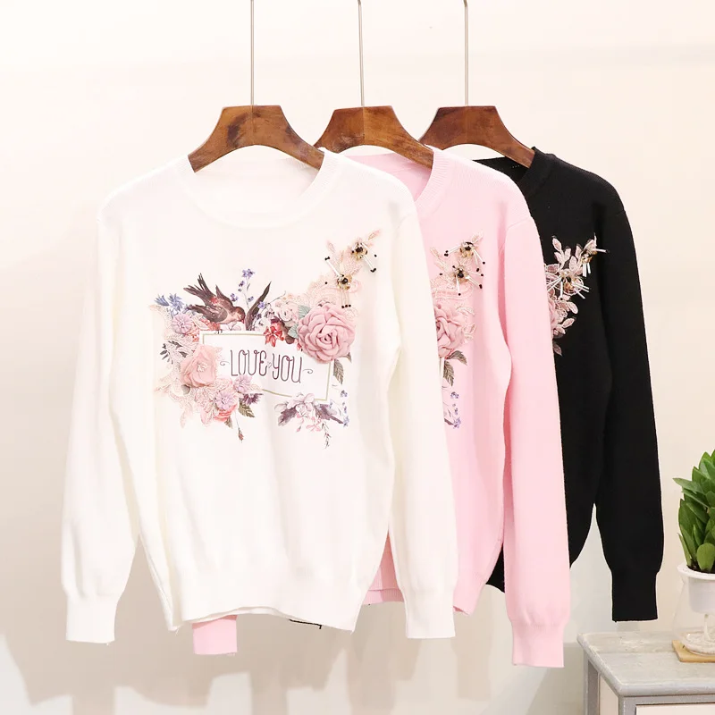Autumn Bird Floral Embroidery Knit Sweater Women long sleeve Pullovers | Женская одежда