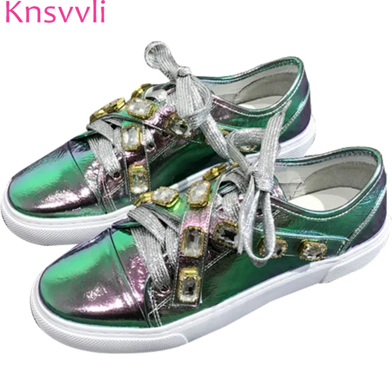 

Knsvvli 2019 New Jewelled Cross Strap Flat Shoes Women Colorful green Round Toe Genuine Leather Lace Up Casual Sneaker Women