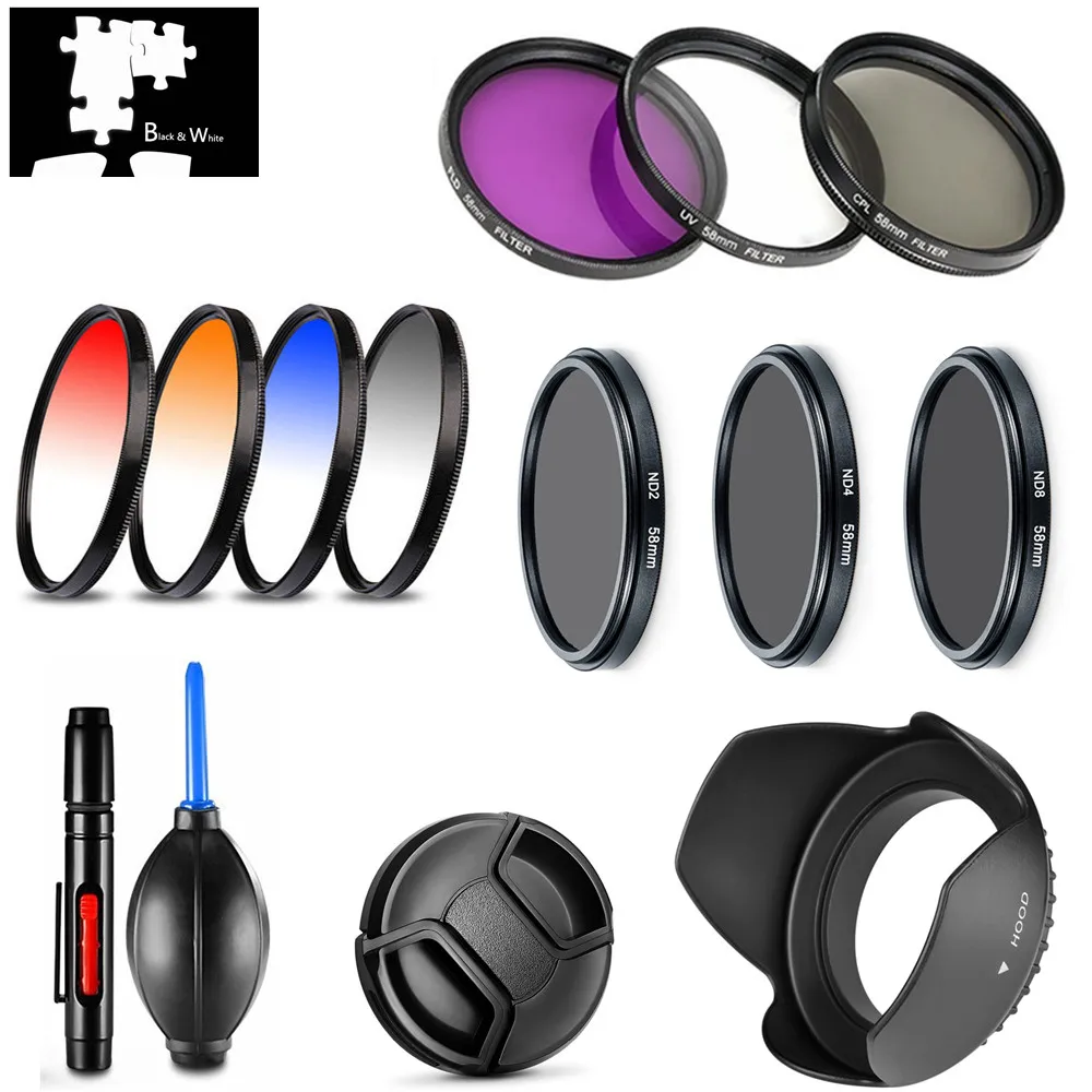 

UV CPL FLD Star ND2 ND4 ND8 Gradual Color Filter Lens Hood Cap for Sony Alpha A33 A35 A37 A55 A56 A57 A58 A65 A68 with 18-55mm