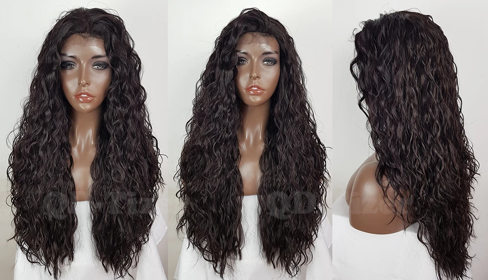 QD-Tizer Dark Brown Color Loose Curly Hair Synthetic Lace Front Wigs Glueless Hair Water Wavy Hair Synthetic Lace Wigs for Women5