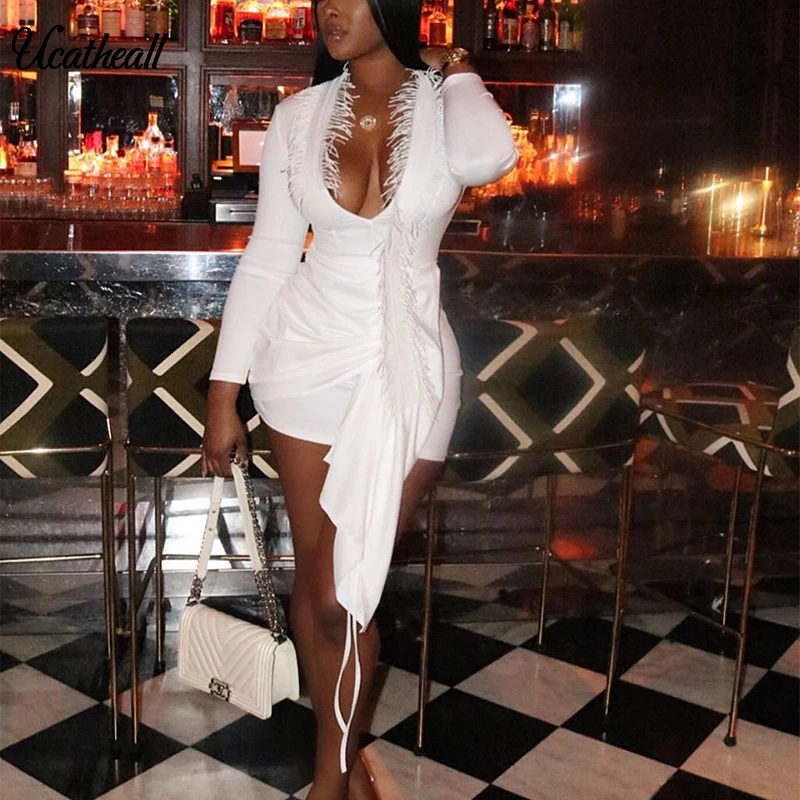 Elegant White Tassel Dress Women V Neck Long Sleeve Bodycobn FeathersParty Dress Fold Belt Bodycon Dress Vestidos
Elegant White Tassel Dress Women V Neck Long Sleeve Bodycobn FeathersParty Dress Fold Belt Bodycon Dress Vestidos