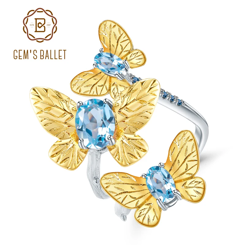 GEM'S BALLET 925 Sterling Silver Handmade Butterfly Ring Fine Jewelry Natural Swiss Blue Topaz Adjustable Open Rings for Women
GEM'S BALLET 925 Sterling Silver Handmade Butterfly Ring Fine Jewelry Natural Swiss Blue Topaz Adjustable Open Rings for Women