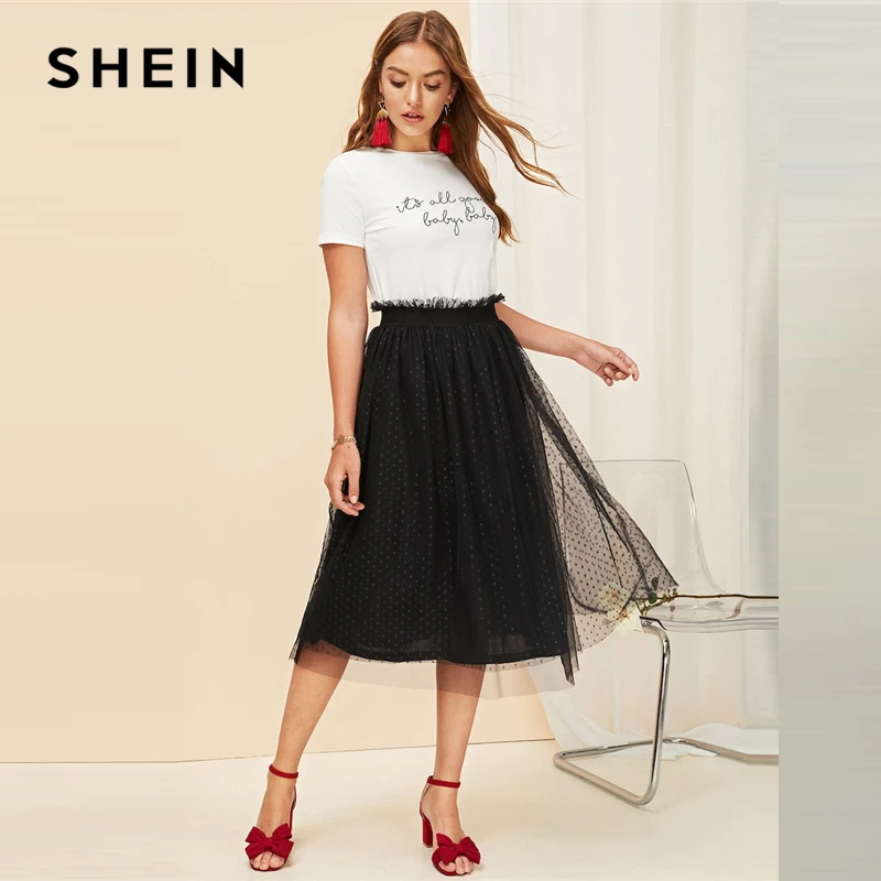 

SHEIN Glamorous Black Paperbag Waist Polka Dot Mesh Overlay Plain Skirt Lady Spring Casual A-Line Mid WaistMidi Skirt