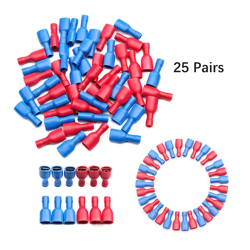 50Pcs Female Insulated Spade Crimp Terminal Connector 6.3mm Red And Blue For 0.5-2.5mm Electrical Wire Cable Connection
50Pcs Female Insulated Spade Crimp Terminal Connector 6.3mm Red And Blue For 0.5-2.5mm Electrical Wire Cable Connection