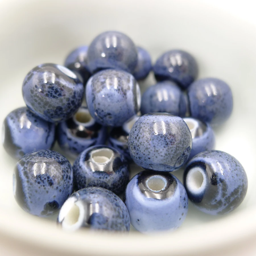 100Pcs DarkBlue 10mm Pearlized Round Handmade Porcelain Beads DIY Jewelry Making