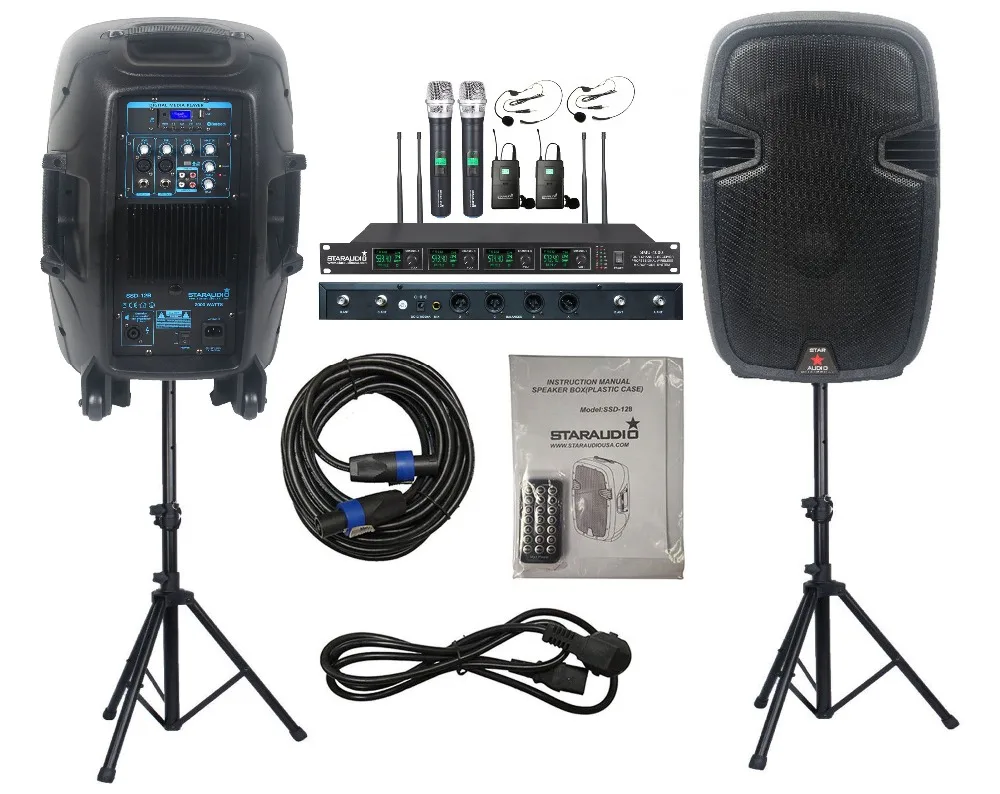 STARAUDIO 2Pcs 2000W 12"PA Powered BT USB Speakers W/Speaker Stands With 4CH UHF Handheld & Headset Wireless Microphone System
STARAUDIO 2Pcs 2000W 12"PA Powered BT USB Speakers W/Speaker Stands With 4CH UHF Handheld & Headset Wireless Microphone System