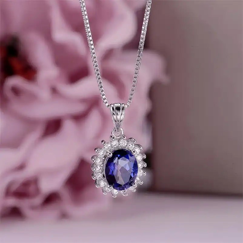 necklace pendant for women 925 silver blue oval gemstone fine