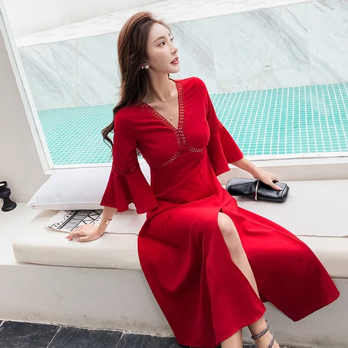 New Resort Beach Big Red Dress V Neck Fashion Ruffle Robe Charming Feminine Spring And Summer Cool Dresses | Женская одежда