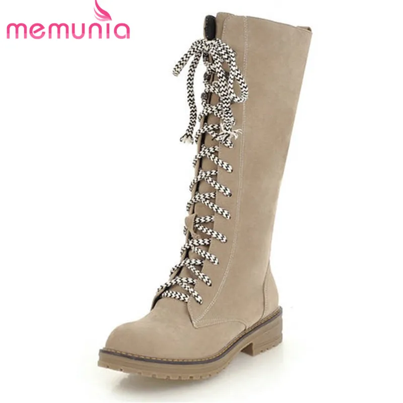 MEMUNIA 2020 new arrival mid calf boots women flock autumn winter boots lace up round toe comfortable med heels shoes woman