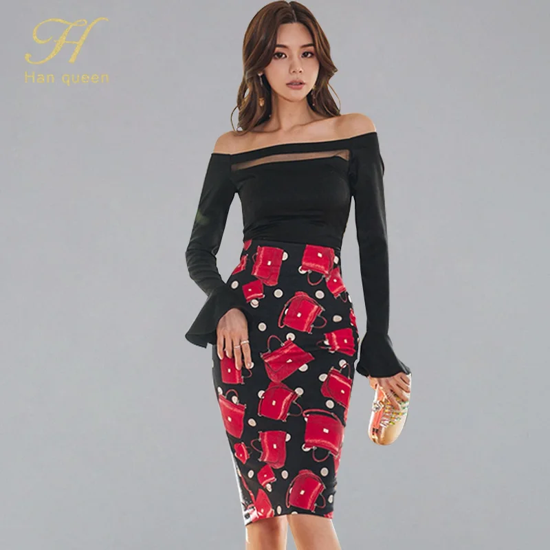H Han Queen Women 2019 New OL 2 Pieces Suits Korean Slash Neck Flare Sleeve Mesh Top + Print Pencil Bodycon Skirts Business Set
H Han Queen Women 2019 New OL 2 Pieces Suits Korean Slash Neck Flare Sleeve Mesh Top + Print Pencil Bodycon Skirts Business Set