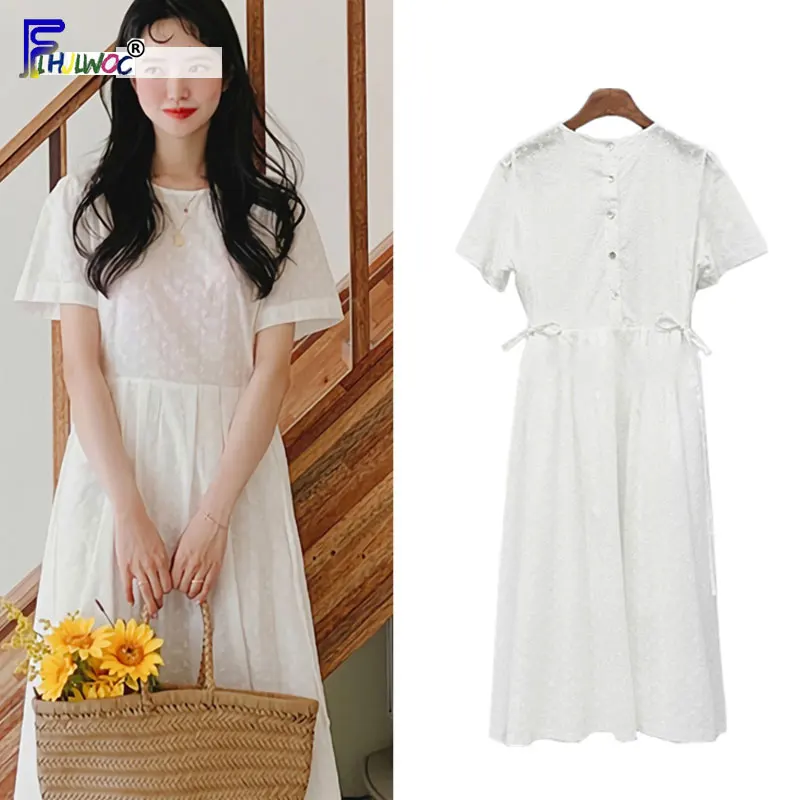 Embroidery dress Long Woman Summer Short Sleeve Ribbon Tie Waist O Neck Back Button Cute White Dress 7710 Korea Style
Embroidery dress Long Woman Summer Short Sleeve Ribbon Tie Waist O Neck Back Button Cute White Dress 7710 Korea Style