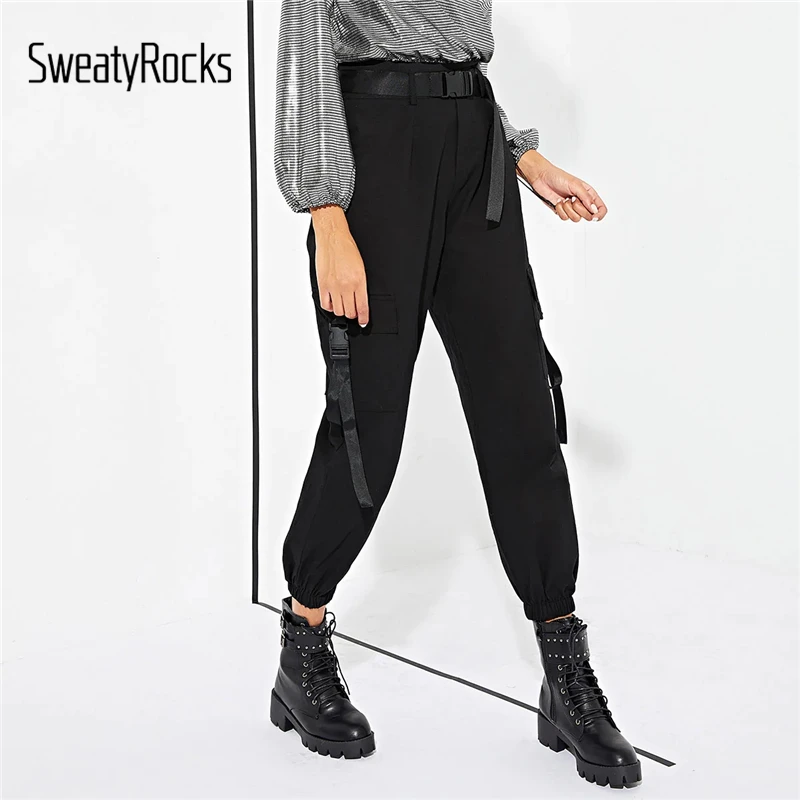 

SweatyRocks Solid Pocket Detail Cargo Utility Pants Streetwear Women Black Rock Trousers 2019 Spring Women Casual Belted Pants
