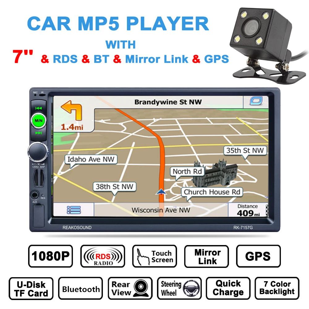 7'' 2 Din Bluetooth Car Multimedia Stereo MP5 GPS AM/FM/RDS Radio Player Support Mirror Link/Aux In with Rear View Camera
7'' 2 Din Bluetooth Car Multimedia Stereo MP5 GPS AM/FM/RDS Radio Player Support Mirror Link/Aux In with Rear View Camera