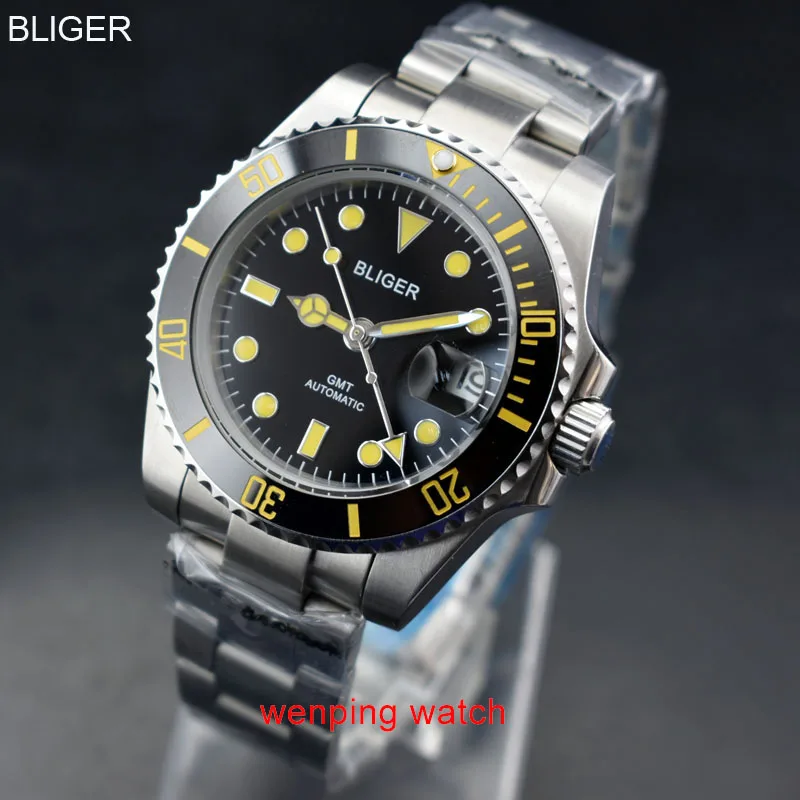 BLIGER 40mm yellow GMT black Sterile dial With yellow beads black Ceramic Bezel automatic Date men watch Green luminous E2427
BLIGER 40mm yellow GMT black Sterile dial With yellow beads black Ceramic Bezel automatic Date men watch Green luminous E2427