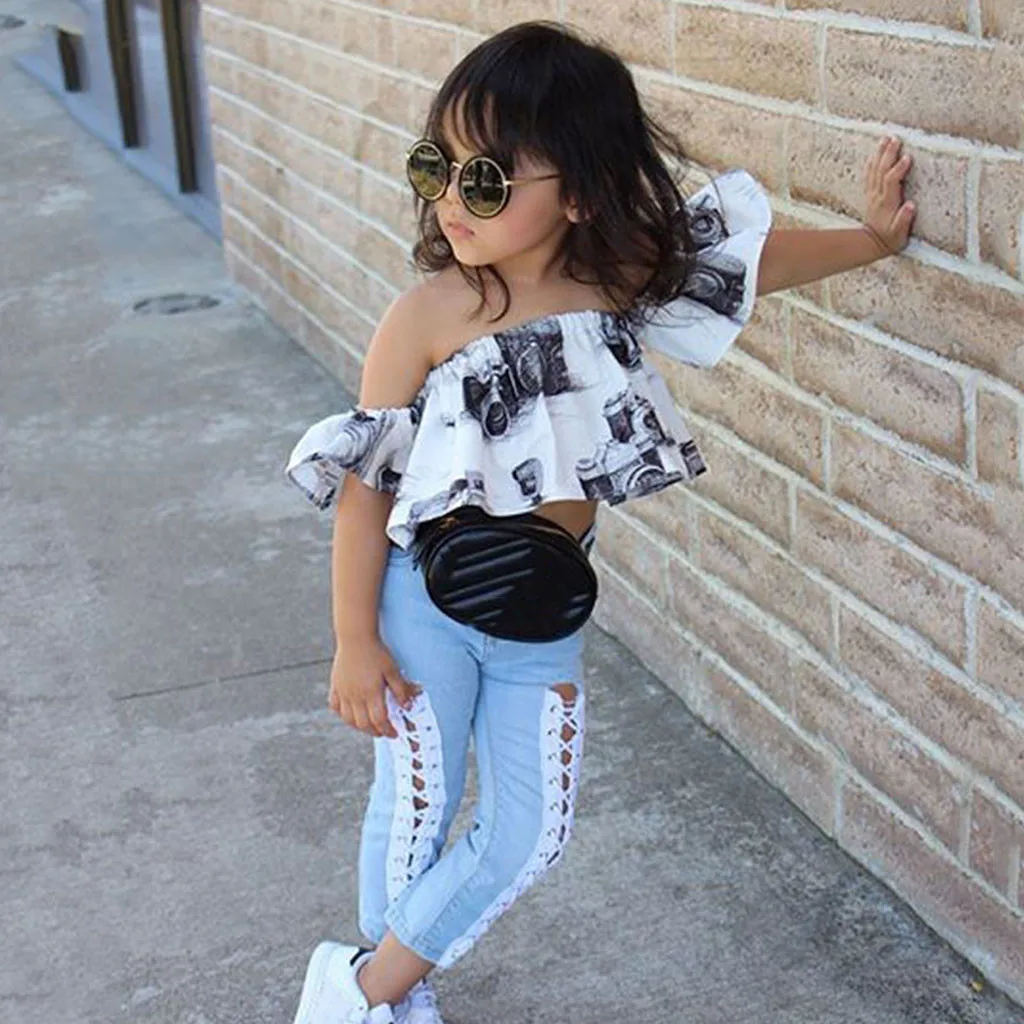 Girls clothes Child Baby Kid Girl Camera Printed Off Shoulder Tops +Jeans Pants Outfit Set roupa infantil vetement enfant fille
Girls clothes Child Baby Kid Girl Camera Printed Off Shoulder Tops +Jeans Pants Outfit Set roupa infantil vetement enfant fille