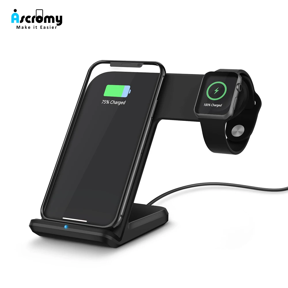 

Ascromy 2 in 1 Qi Wireless Charging Station Holder Stand 10W For Apple Watch Series 4 3 2 Iphone XS MAX XR 8 Plus X iwatch dock