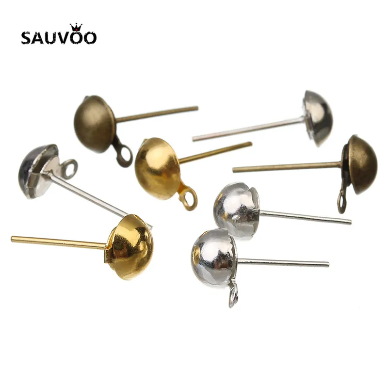 Sauvoo 50pcs Antique Bronze Gold Silver Color Metal Ball Iron Stud Earring Pins 6mm 8mm with Hole for DIY Ear Jewelry Making | Украшения и