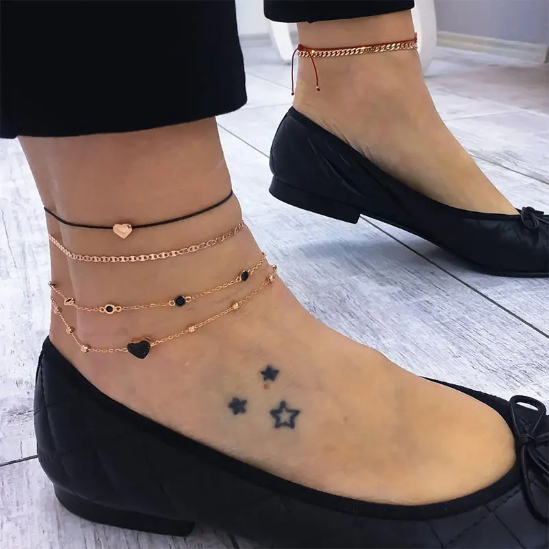 

4 Pcs/ Set Women Heart Multilayer Anklet Set Bohemia Alloy Barefoot Bracelets Summer Beach Foot Chain Gold Silver Female Anklets