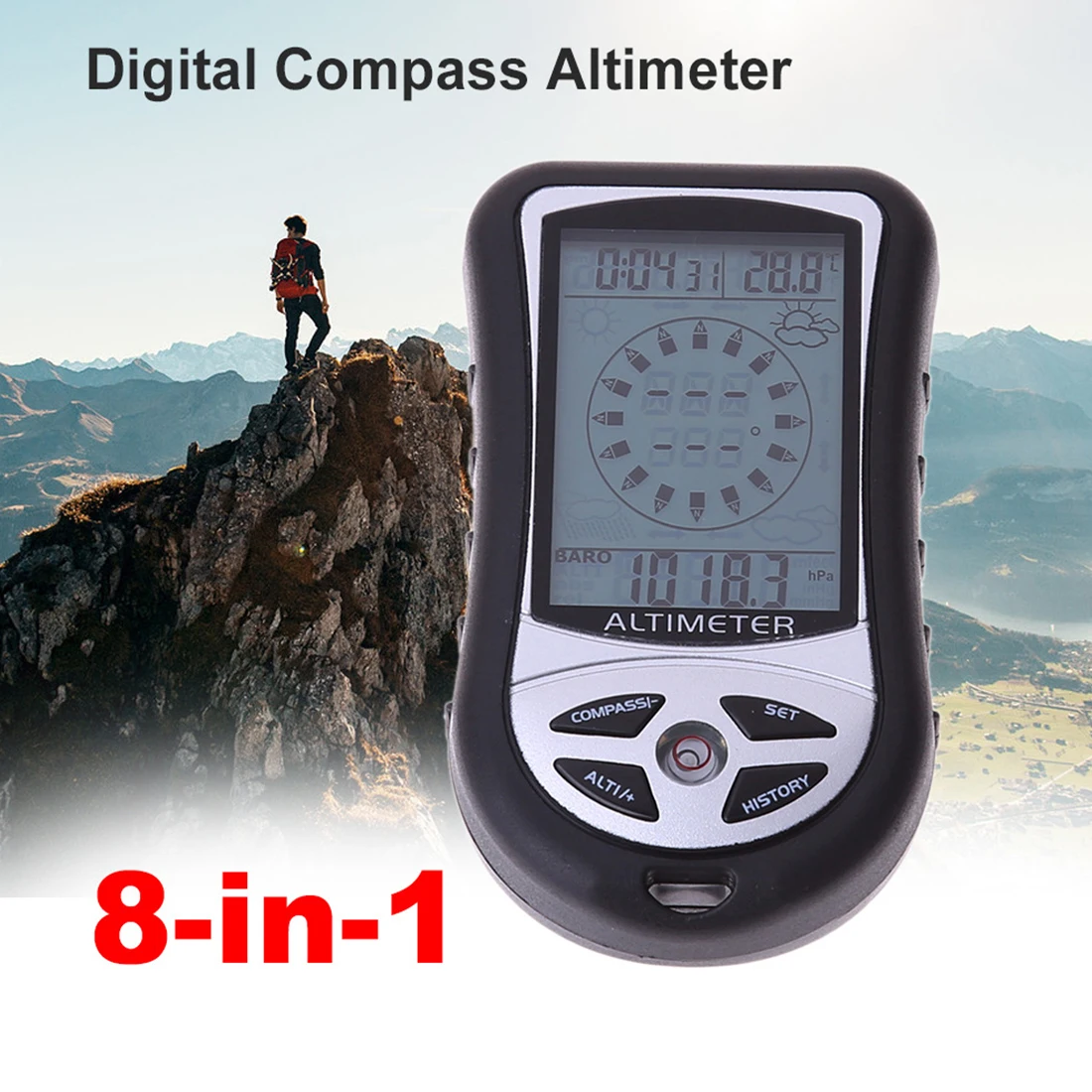 

8 In 1 Digital Compass Altimeter Barometer Thermometer Weather Forecast Height Gauge altitude meter With LCD Backlight