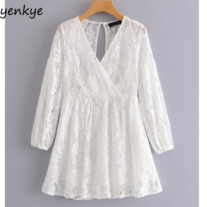 Fashion Women Sexy White Lace Dress Female Cross V Neck Long Sleeve A-line Party Mini Dress SYJZ1892 
Fashion Women Sexy White Lace Dress Female Cross V Neck Long Sleeve A-line Party Mini Dress SYJZ1892